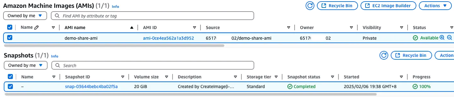 確認 A 帳號的 AMI 和 Snapshots
