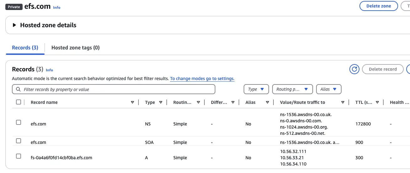 internal dns 設定新的 EFS Domain，並指向 EFS 的 Network interfaces IP