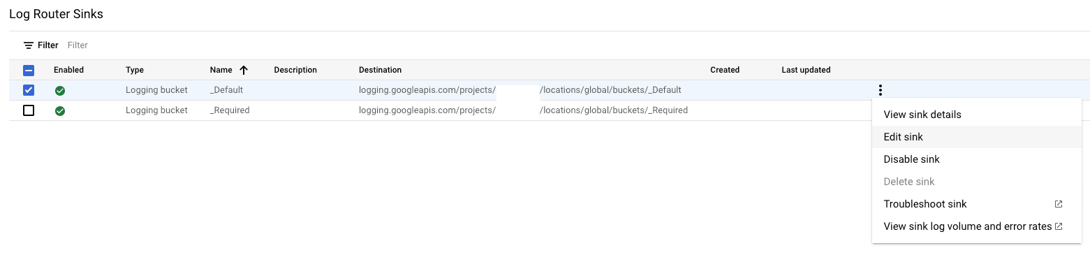選擇 _Default 的 Log Router Sinks