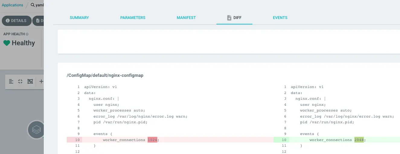 yaml-nginx-demo 由於沒有自動同步，則一樣會卡在 OutOfSync，可以點擊 diff 來查看異動的差異