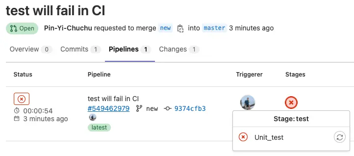 分支 new 沒有通過測試,所以沒有進行 Merge