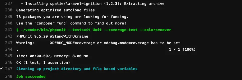 可以看到 Runner 先安裝我們的環境,再執行單元測試的腳本