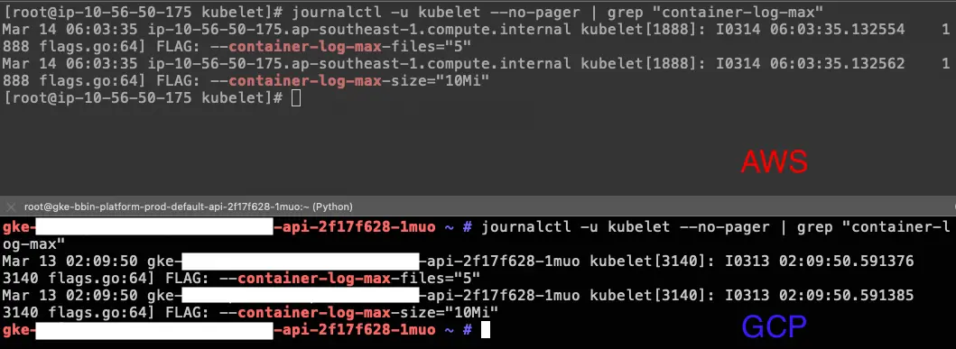 查看 containerLogMaxSize 跟 containerLogMaxFiles 當前設定值
