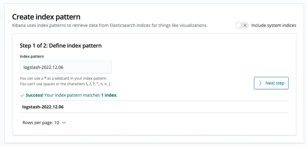 輸入 Index pattern (圖片為範例，正常都是用 -* )