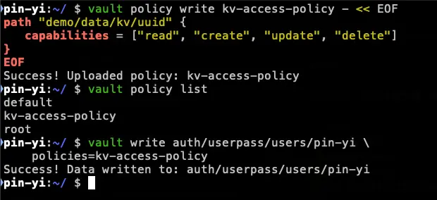 建立 Policy & 設定 Policy 到 userpass 的 pin-yi user