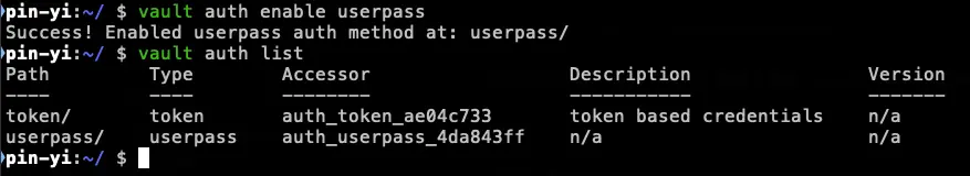 啟動 auth methods userpass