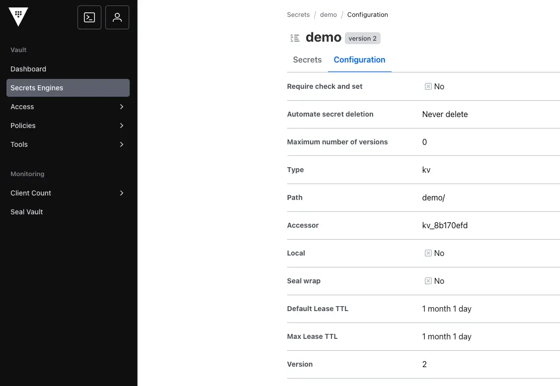 UI 顯示建立好的 secrets 使用 kv version 2 引擎