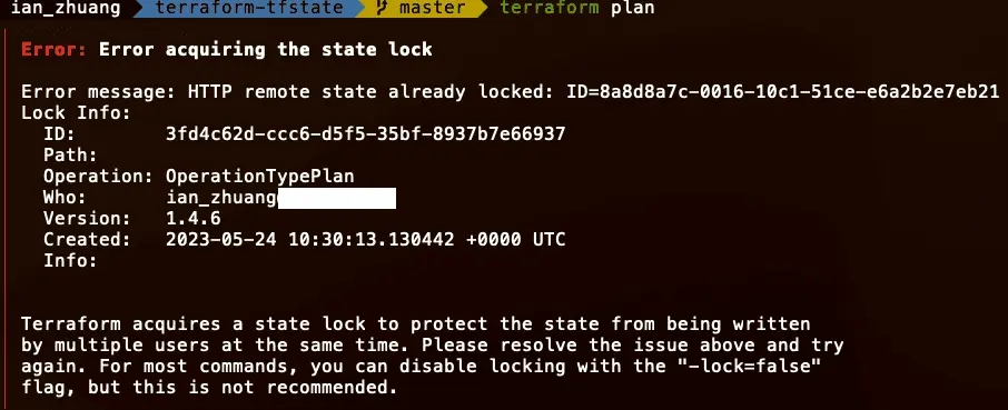 在 Lock 下,其他人沒辦法去 plan or apply